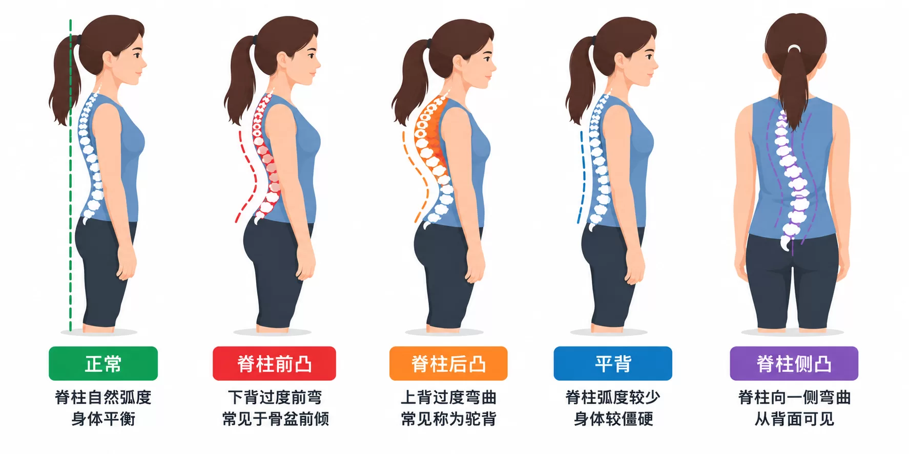 驼背矫正:常见脊椎体态对比 驼背矫正体态对比图,展示正常、脊柱前凸、脊柱后凸、平背及脊柱侧凸的不同表现